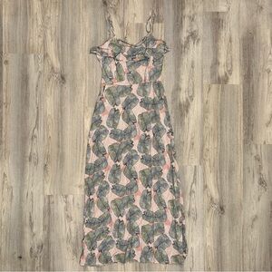 Promesa Pink Leaf Floral Sleeveless Maxi Dress Crisscross Back Tie Ruffle Size L